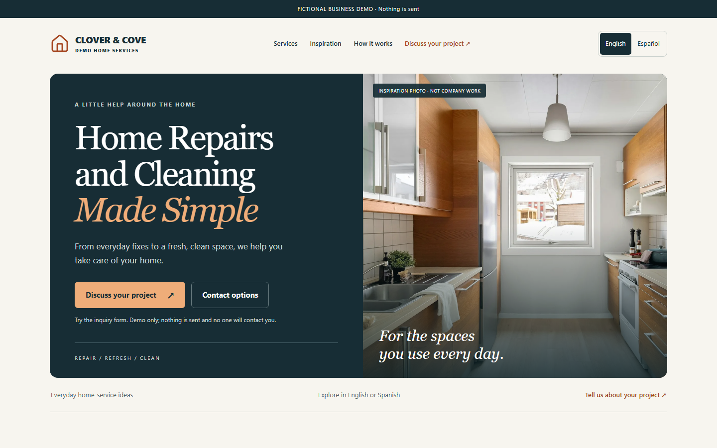 Clover and Cove fictional home-services website concept, showing clear service messaging and English and Spanish navigation.